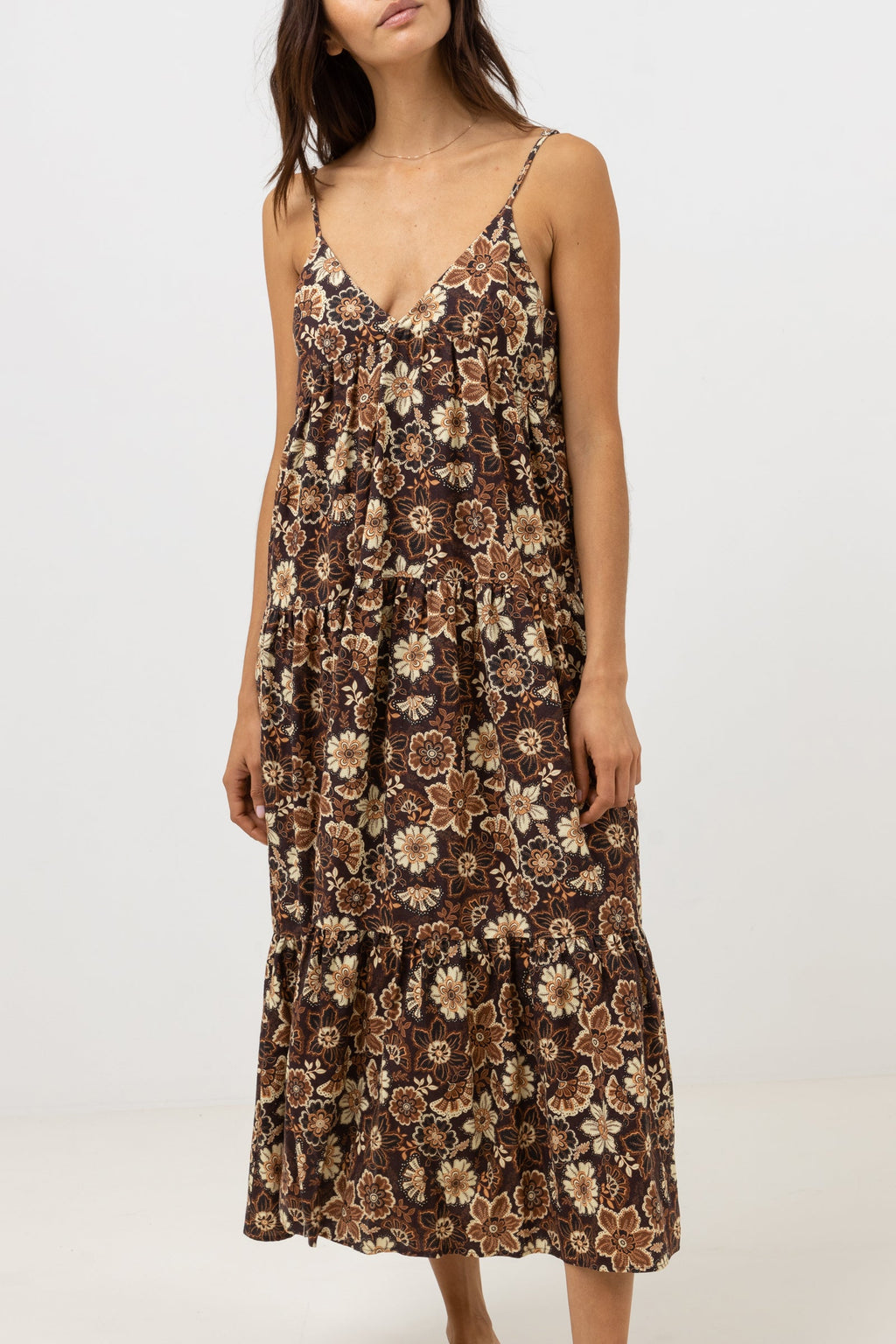 Cantabria Floral Tiered Midi Dress Brown – Rhythm US