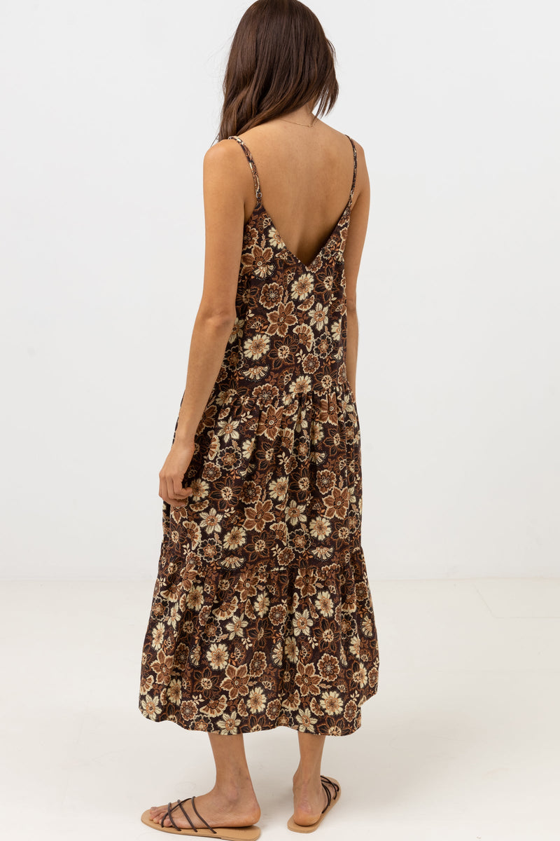 Cantabria Floral Tiered Midi Dress Brown – Rhythm US