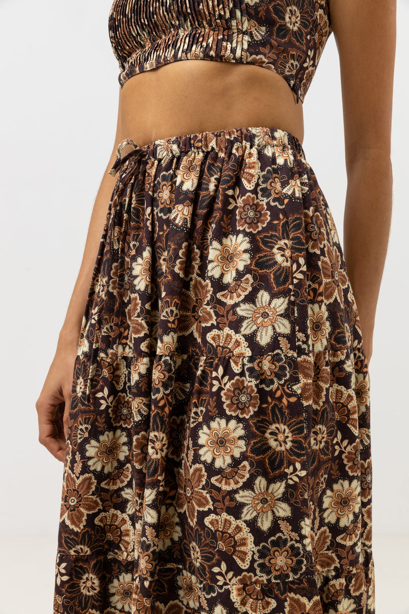 Maxi Rhythm – US Floral Skirt Tiered Brown Cantabria