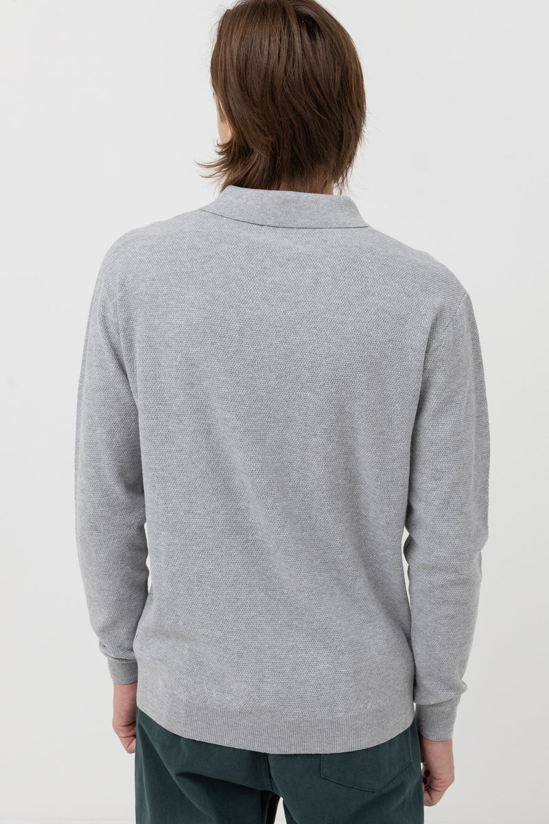 Textured Knit Ls Polo Heather Grey