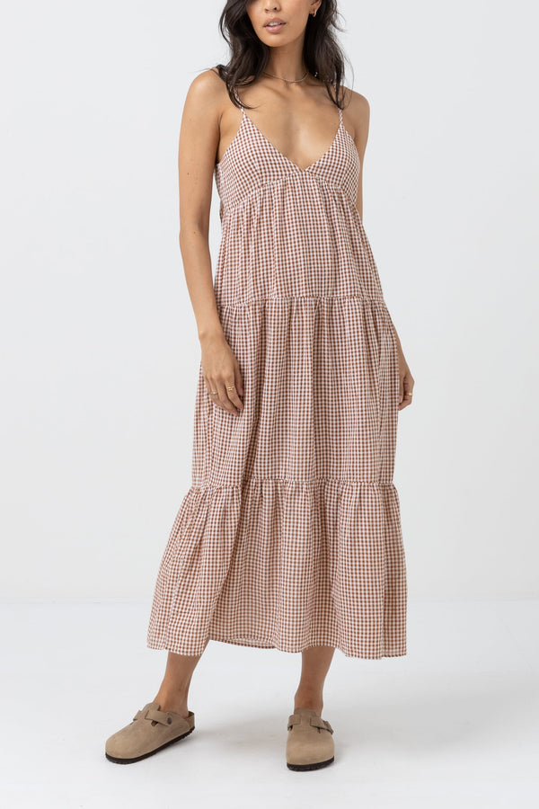 Lola Check Tiered Midi Dress Clay