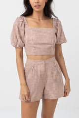 Lola Check Short Sleeve Top Clay