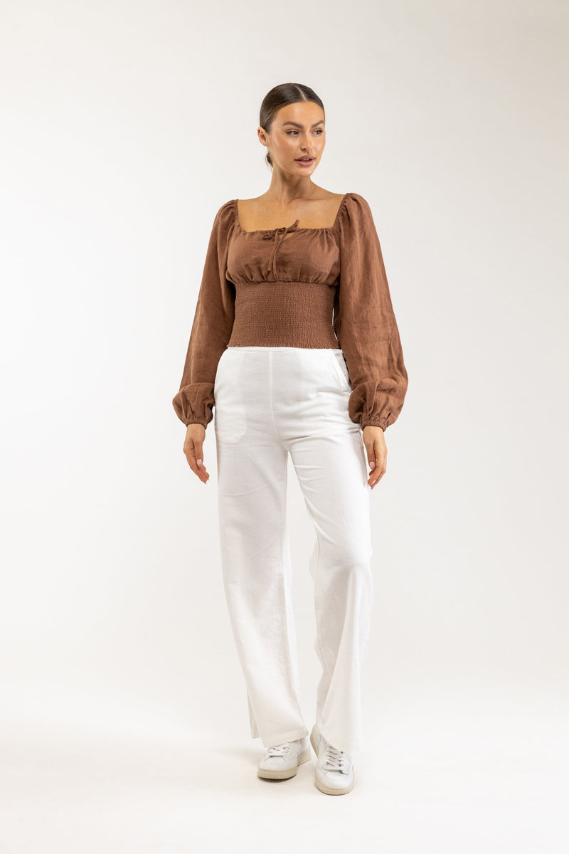 Shirred Long Sleeve Top Coconut Shell