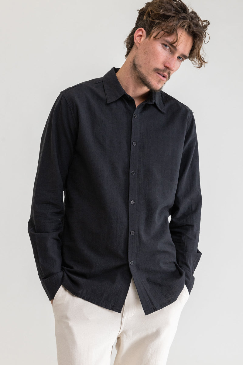 Basic Cotton Button Up Long Sleeve Shirt Black – Rhythm US
