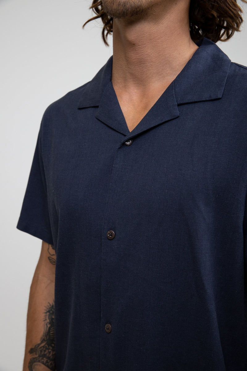 Linen Cuban Ss Shirt Navy