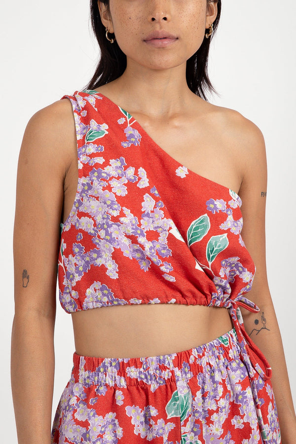 Isle Floral One Shoulder Top Red